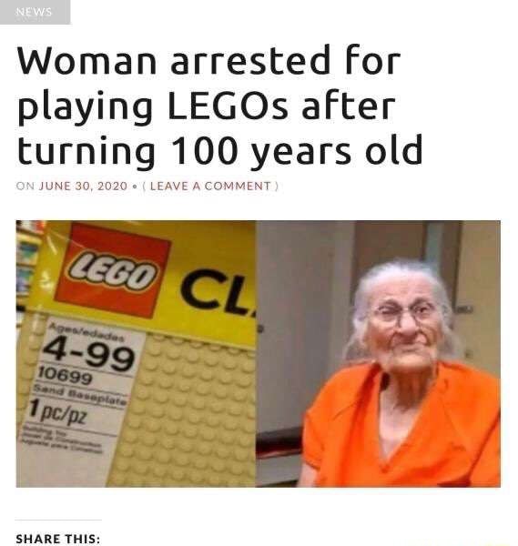 Woman Arrested For Playing Legos After Turning 100 Years Old On June 30