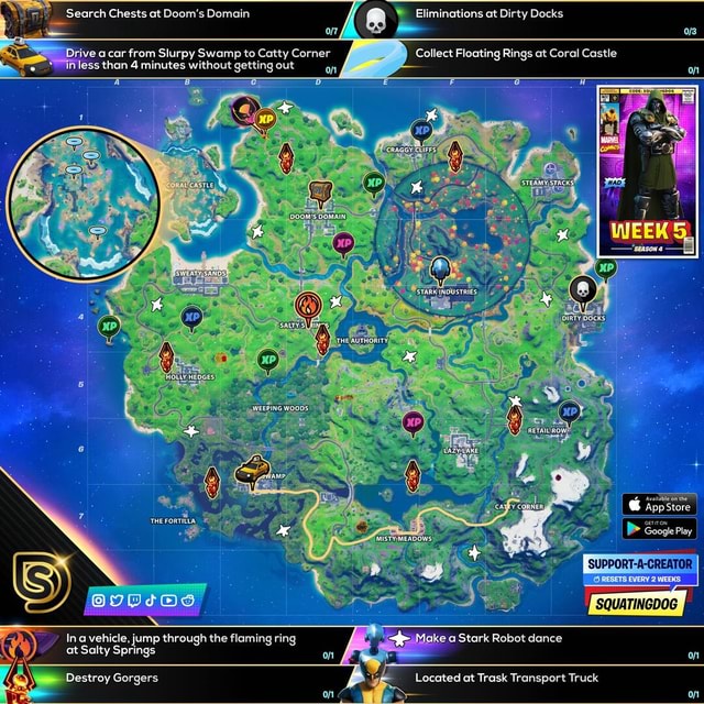 Search Chests at Doom's Domain if Eliminations at Dirty Docks. Drive