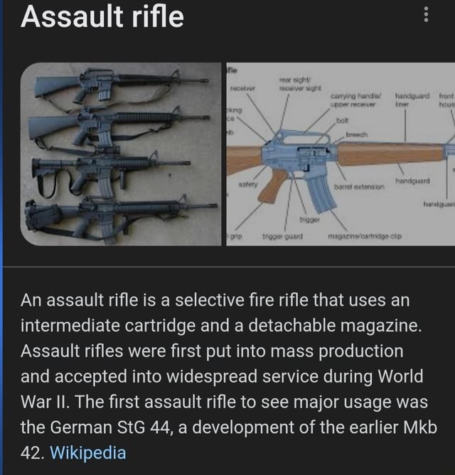 Assault rifle An assault rifle is a selective fire rifle that uses an