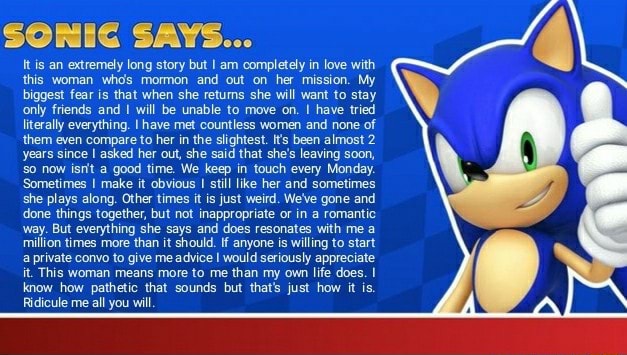 SONIC SAYS. It is an extremely long story but I am completely in love ...