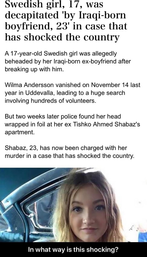 Swedish girl, 17, was decapitated 'by Iraqi-born boyfriend, 23' in case ...