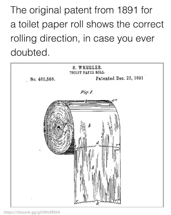 The original patent from 1891 for a toilet paper roll shows the correct ...