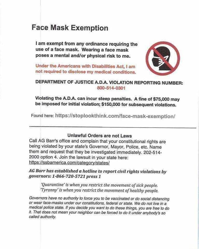 Face Mask Exemption lam exempt from any ordinance requiring the use of