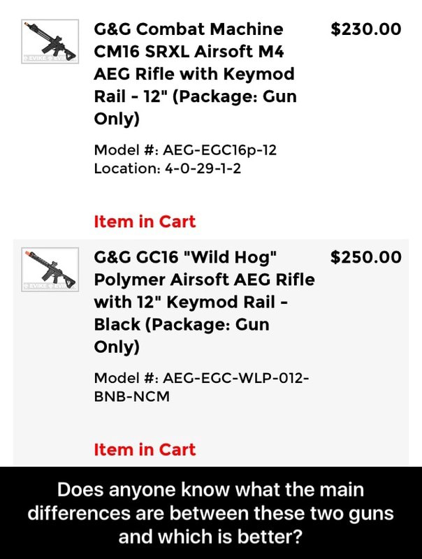 G G Combat Machine 230 00 Cm16 Srxl Airsoft M4 Aeg Rifle With Keymod Rail 12 Package Gun Only Model Aeg Egc16p 12 Location 4 0 29 1 2 Item In Cart Hog 250 00 Polymer Airsoft Aeg Rifle