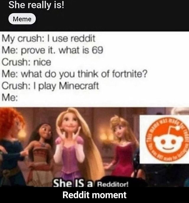 She Really Is Meme My Crush I Use Reddit Me Prove It What Is 69 Crush Nice Me What Do You Think Of Fortnite Crush I Play Minecraft Me She Is Redditor