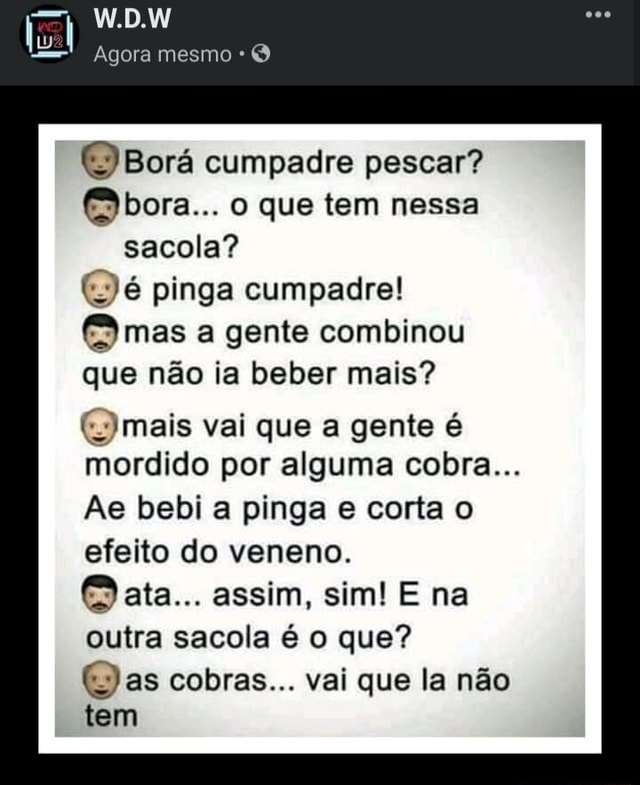 W D W Agora Mesmo Bora Cumpadre Pescar Bora O Que Tem Nessa Sacola E Pinga Cumpadre Mas A Gente Combinou Que Nao Ia Beber Mais Mais Vai Que A Gente E Mordido