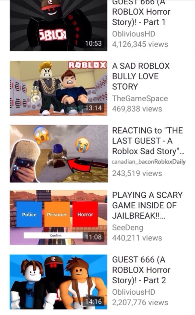 Butbl Ooo A Roblox Horror Story Part 1 Oblivioushd 4 126 345 Views Asad Roblox Bully Love Story Thegamespace 469 838 Views Last Guest A Roblox Sad Story - an online friendship sad story part 2 a roblox movie
