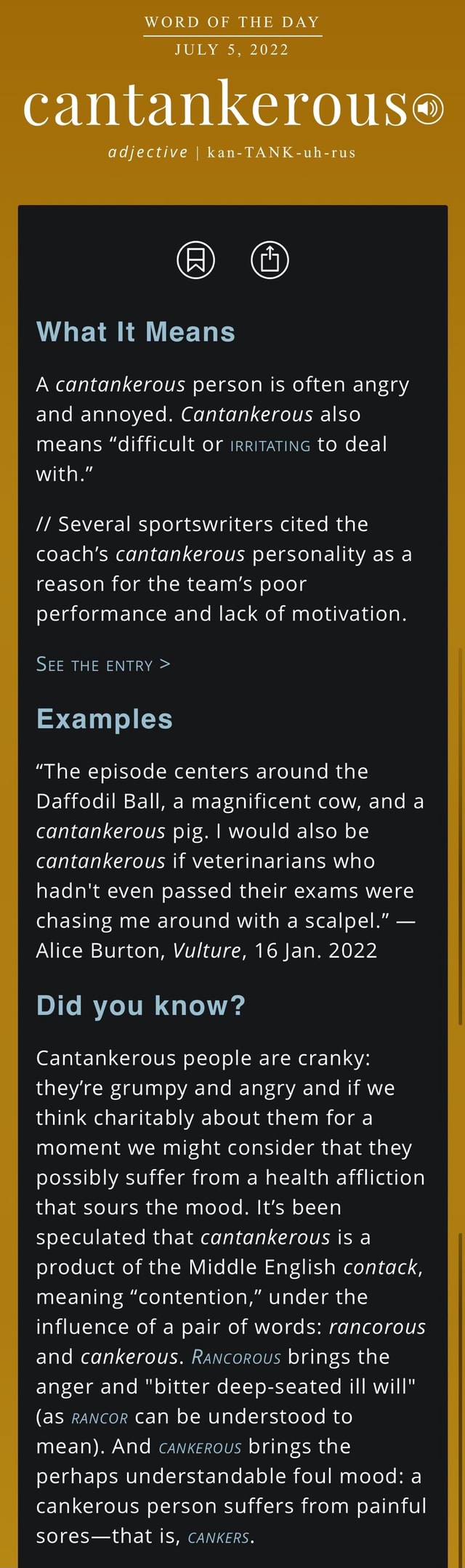 WORD OF THE DAY 2022 cantankerouse adjective I kan TANK What It Means