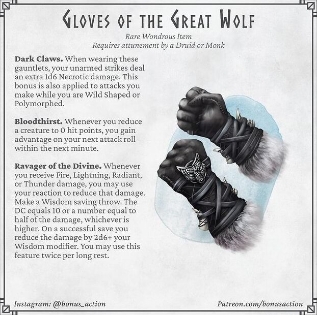 GLOVES OF THE GREAT WOLF Rare Wondrous Item Requires attunement by a