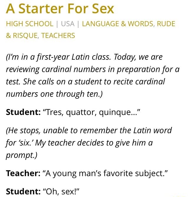 A Starter For Sex Hlgh School Dim Language Words Rude Rxsque Teachers I M In Afirst Year Latin Class Today We Are Reviewing Cardinal Numbers In Preparation For A Test She Calls