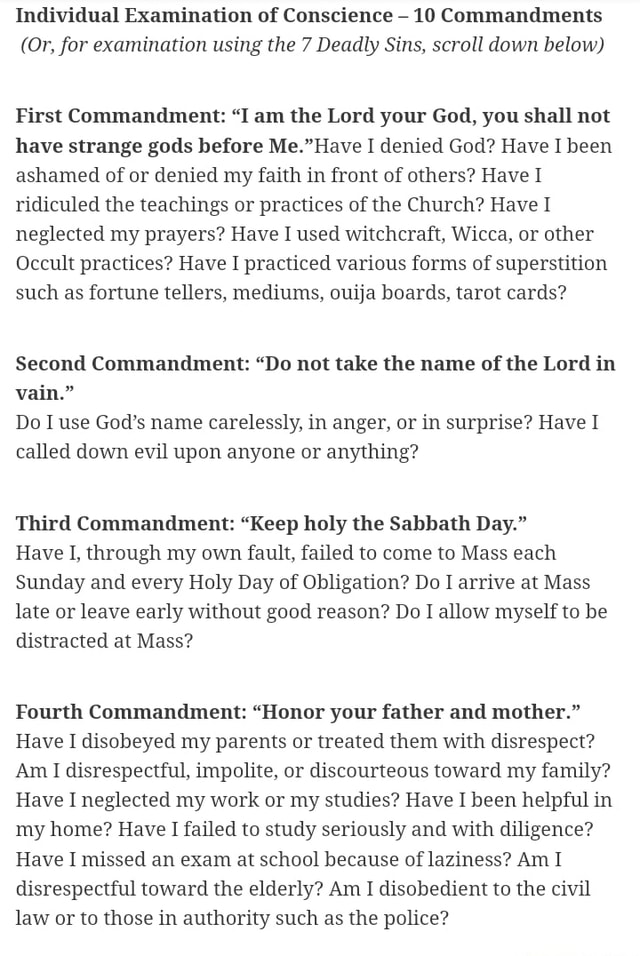 Individual Examination of Conscience 10 Commandments (Or, for ...