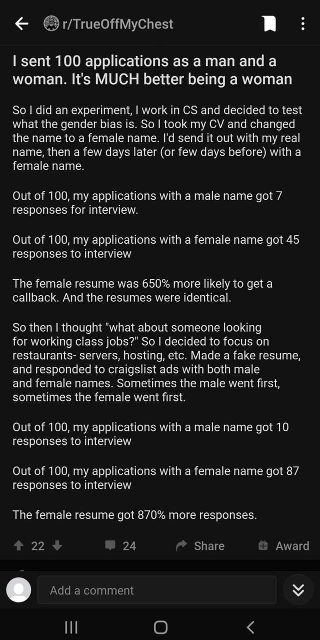 Sent 100 Applications As A Man And A Woman. It's MUCH Better Being A ...