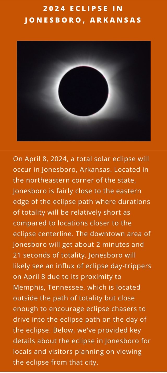 2024 ECLIPSE IN JONESBORO, ARKANSAS On April 8, 2024, a total solar