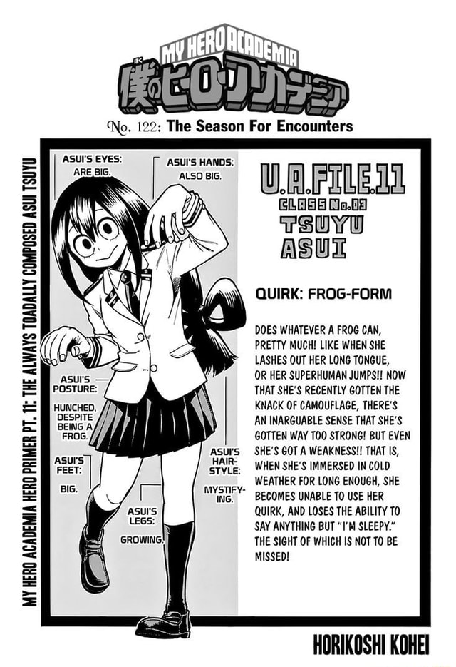 TSUYU ASUZ QUIRK: FROG-FORM ASUI'S EYES: ASUI'S HANDS: DOES WHATEVER A