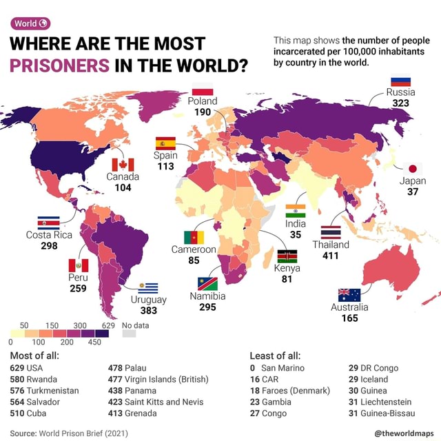 WHERE ARE THE MOST PRISONERS IN THE WORLD? Costa Rica 35 Cameroon 85 ...