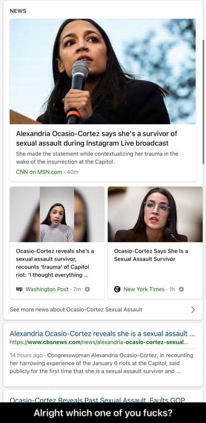 News Alexandria Ocasio Cortez Says Shes A Survivor Of Sexual Assault During Instagram Live