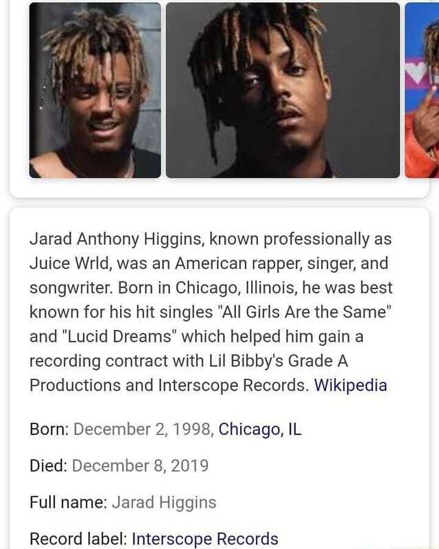 Jarad Anthony Higgins, known professionally as Juice Wrld, was an