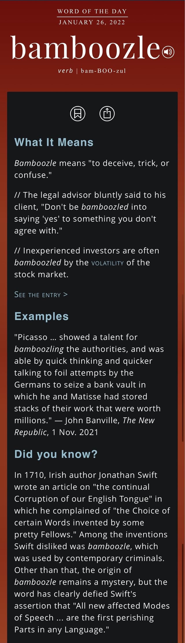 WORD OF THE DAY JANUARY 26 2022 Bamboozlee Verb I BOO What It Means Bamboozle Means to Deceive 