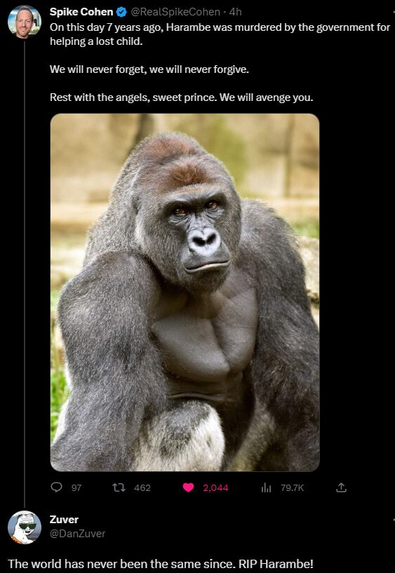 Rest in Peace, Harambe! - Spike Cohen @RealSpikeCohen On this day 7 ...