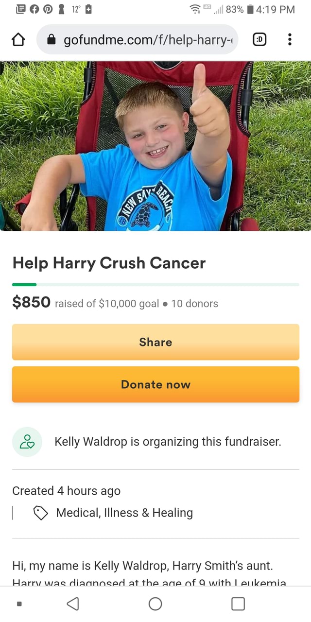 Irs 83% PM Help Harry Crush Cancer $850 raised of $10,000 goal e 10 ...