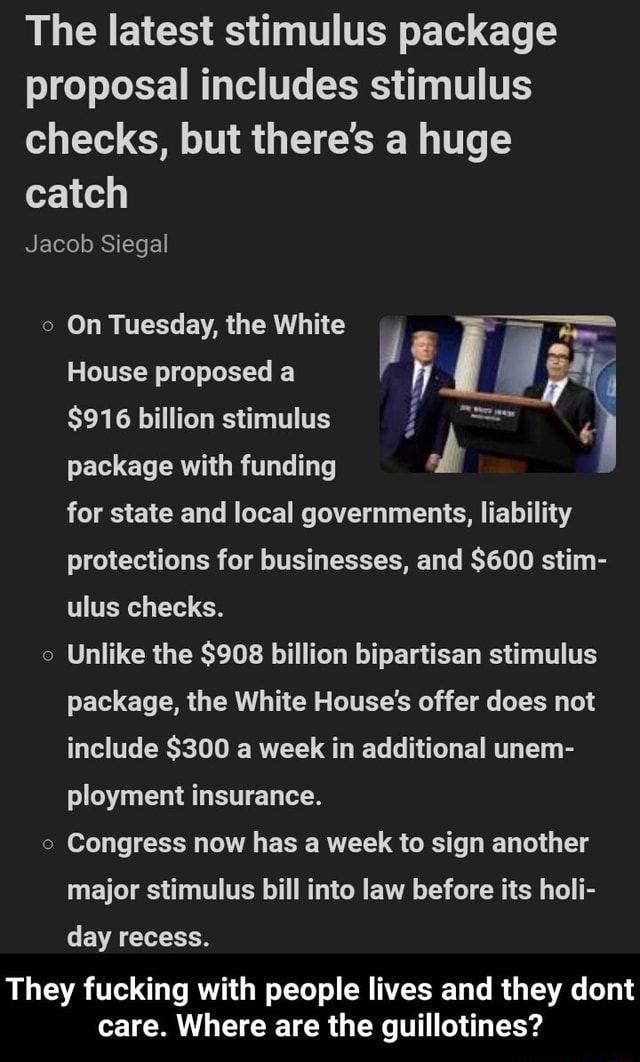 The latest stimulus package proposal includes stimulus checks, but