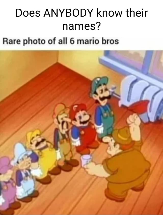 Does ANYBODY know their names? Rare photo of all 6 mario bros - iFunny