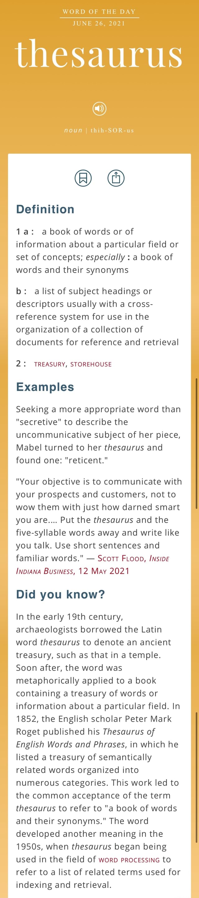 WORD OF THE DAY JUNE 26, 2021 thesaurus noun us Definition a book of