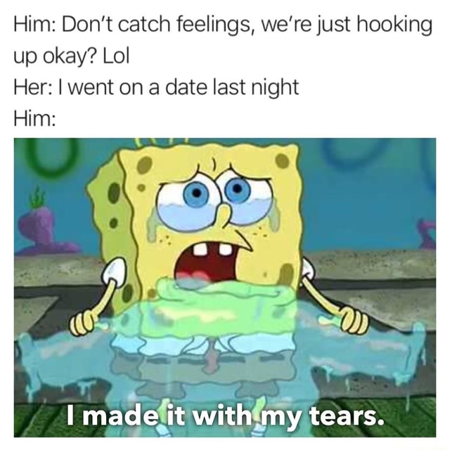 Him Don't catch feelings, we're just hooking up okay? Lol Her I went
