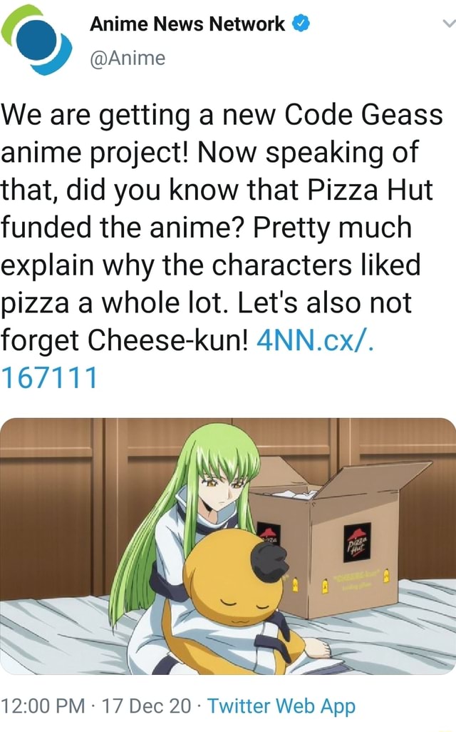 Anime Anime News Network We Are Getting A New Code Geass Anime Project Now Speaking Of That Did You Know That Pizza Hut Funded The Anime Pretty Much Explain Why The Characters