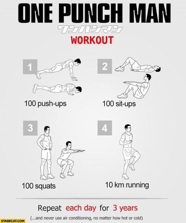 ONE PUNCH MAN 100 push-ups 100 sit-ups 100 squats 10 km running Repeat