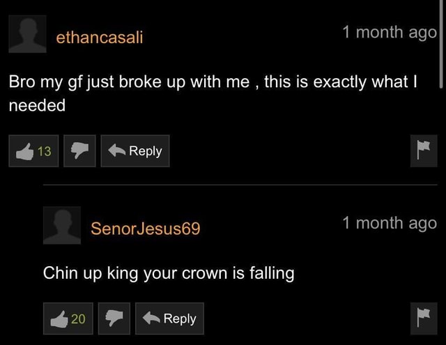 Bro My Gf Just Broke Up With Me This Is Exactly What Needed Reply Senorjesus69 1 Month Ago Chin Up King Your Crown Is Falling Reply Whlsm