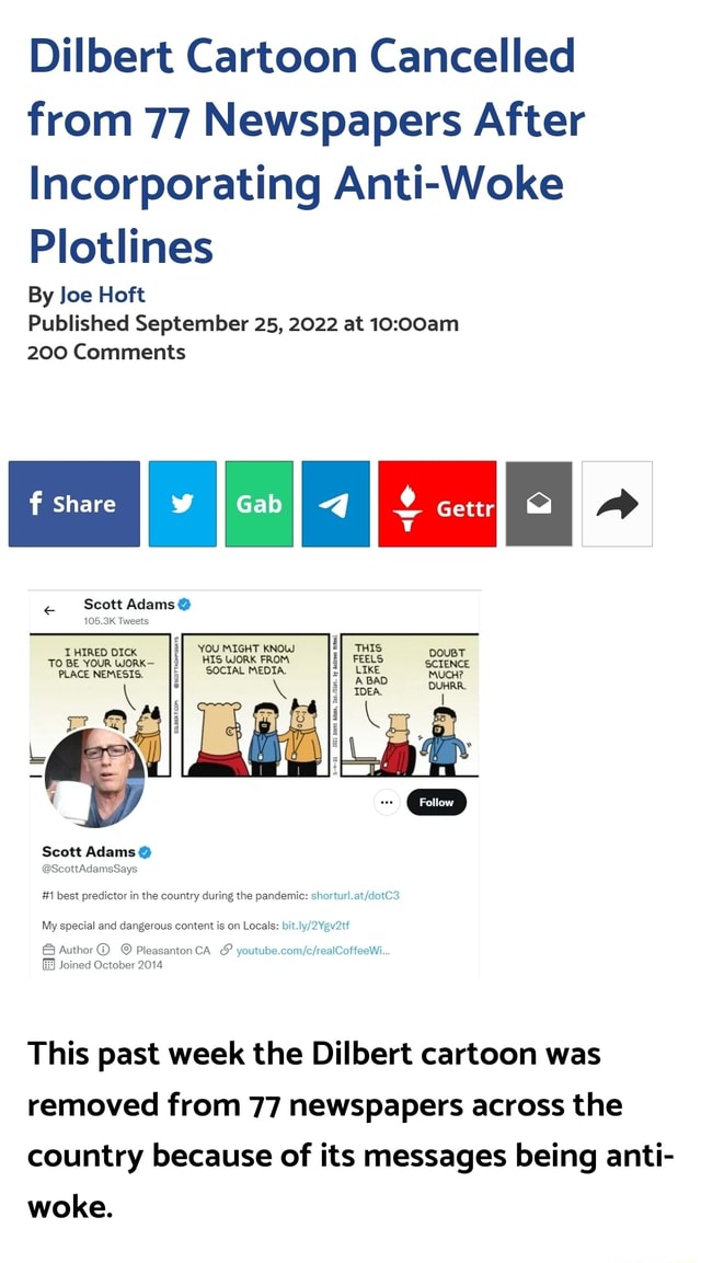 Dilbert Cartoon Cancelled from 77 Newspapers After Incorporating Anti