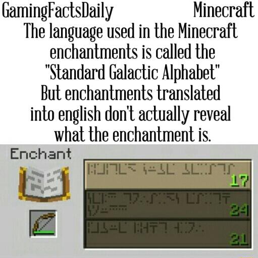 Gamingfactsﬂajly Minecraft The Language Used In The Minecraft Enchantments Is Called The Standard Galactic Alphabet But Enchantments Translated Into English Don T Actually Reveal What The Enchantment Is Enchant Ifunny