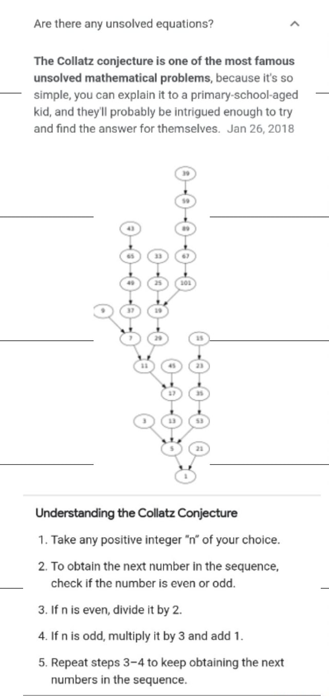 Are there any unsolved equations? a The Collatz conjecture is one of ...