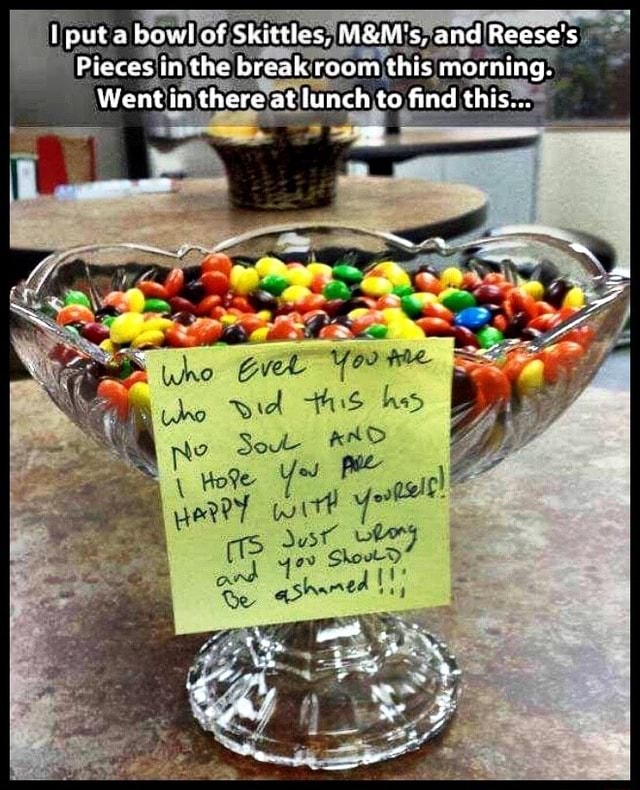 Puta bowl of Skittles, and Reese's Pieces in the break room this ...