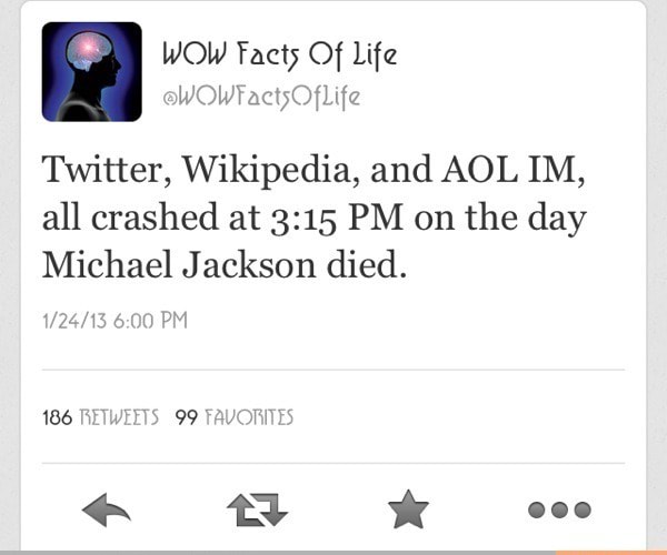 Twitter Wikipedia And Aol Im All Crashed At 3 15 Pm On The Day Michael Jackson Died 186 Retweets 99 Favorites