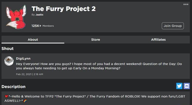 The Furry Project 2 By Jaaliix 125k Members Group About Store Affiliates Shout Digilynn Hey Everyone How Are You Guys Hope Most Of You Had A Decent Weekend Question Of The Day - most members in a roblox group
