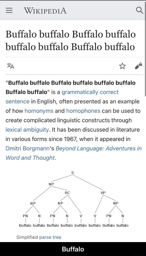 WixKIPeDIA Q Buffalo buffalo Buffalo buffalo buffalo buffalo Buffalo buffalo "Buffalo buffalo Buffalo buffalo buffalo buffalo Buffalo buffalo" is grammatically correct sentence in English, often presented as an example of