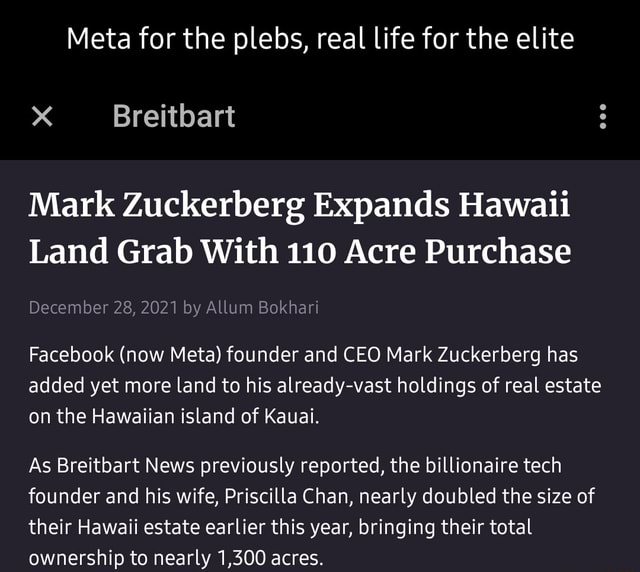 Meta for the plebs, real life for the elite Mark Zuckerberg Expands