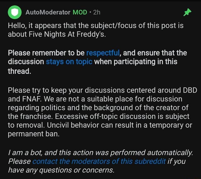 Automoederater Mod Hello It Appears That The Of This Post Is About Five Nights At Freddy S Please Remember To Be Respectful And Ensure That The Discussion Stays On Topic When Participating In
