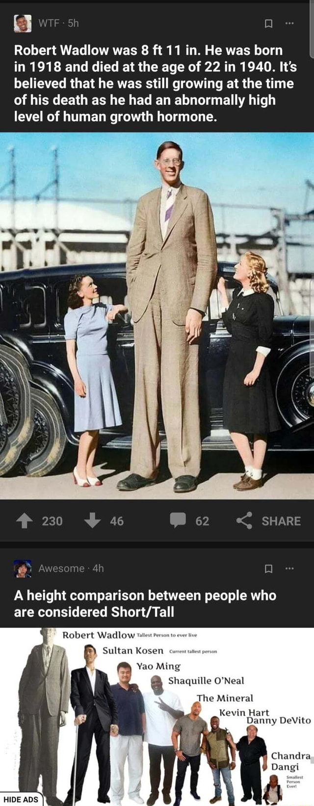 Robert Wadlow was 8 ft 11 in. He was born in 1918 and died at the age