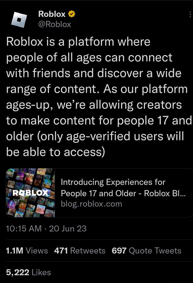 Roblox is introducing experiences for people aged 17+