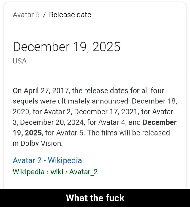 Avatar 5 / Release date December19, 2025 USA On April 27, 2017, the