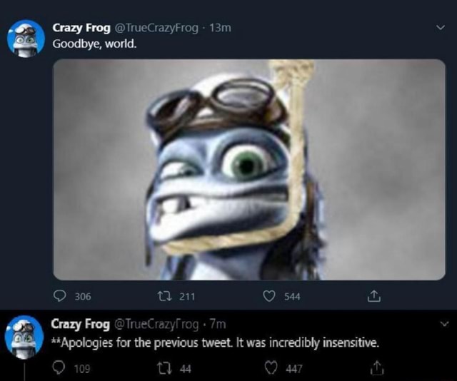 Crazy Frog @TrueCrazyFrog - Goodbye, world. 306 Crazy Frog ...