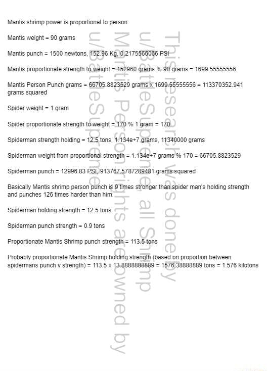 Mantis shrimp power is proportional to person Mantis weight = 90 grams