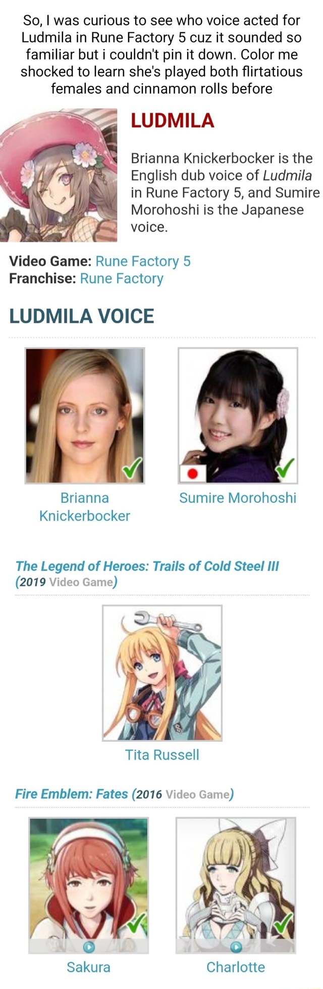 So, I was curious to see who voice acted for Ludmila in Rune Factory 5 cuz it sounded so