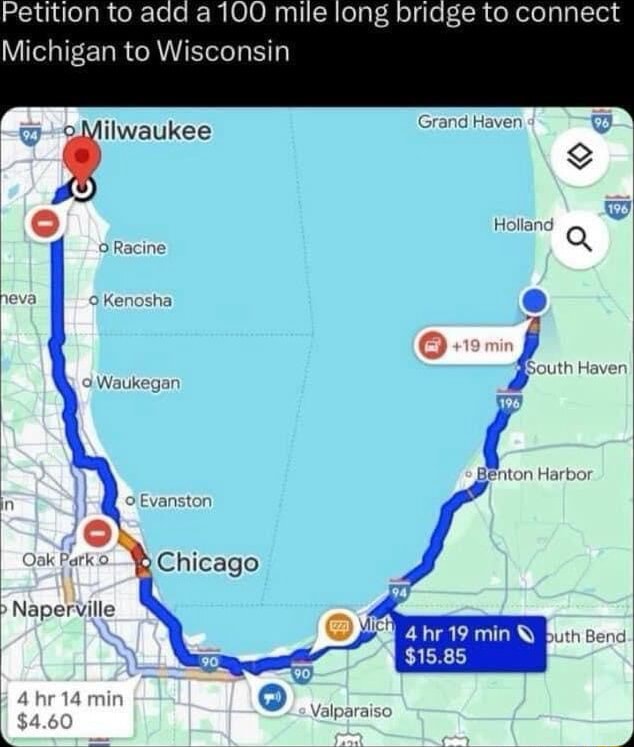 Michigan Wisconsin Loop Petition to add a 100 mile long bridge to connect Michigan to Wisconsin ...