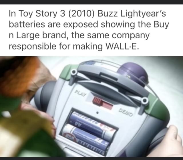 In Toy Story 3 (2010) Buzz Lightyear's batteries are exposed showing