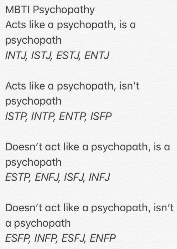 MBTI Psychopathy Acts like a psychopath, is psychopath INT ISTJ, EST ...