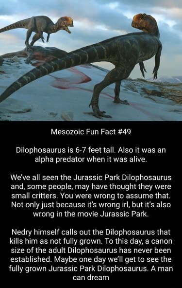 Mesozoic Fun Fact #49 Dilophosaurus is 6-7 feet tall. Also it was an ...